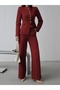 Jewel Buttoned Judge Collar Jacket Palazzo Pants Set Claret Red - 5