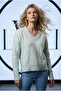 Women's Water Green Sparkling V-Neck Relaxed Fit Soft Textured Knitted Sweater - 5