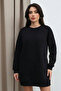 Women's Black Crew Neck Oversized İçi Ş Fleece-Lined 2 Thread Sweatshirt Dress