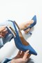 Denimora Women's Dark Denim Textured Slingback Shoes Pointed Toe 7cm Heels Thin Heeled Shoes - 2