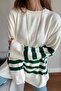 Crew Neck Green Striped Loose Knitwear Sweater Cream - 3