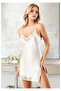 Women's Ecru Satin Nightgown V-Neck Lace and Side Slit Mini Nightgown