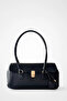 Women's Black Lock Closure Baguette Leather Hand and Shoulder Bag - 2