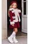 Girl's Burgundy Coat with Fur Trim and Double Belt Detail Skirt - 4
