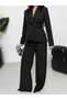 Blazer Jacket with Shawl Collar, Single Button Closure and Side-Tie Belt Detail. Wide Leg Pants Set - 4