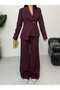 Blazer Jacket with Shawl Collar, Single Button Closure and Side-Tie Belt Detail. Wide Leg Pants Set - 2