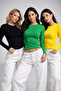 Women's Black-Yellow-Green 3-Pack Crew Neck Stretchy Fabric Fitted Slim Fit Long Sleeve Crop - 3