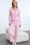 Corded Fabric Knitted Pajama Sets with Cotton Lace and Bow Detail - 2