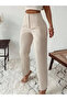 Women's Beige High Waist Stitching Detailed Classic Cut Fabric Trousers - 3