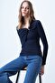 Navy Blue Asymmetrical Collar Accessory Detailed Gathered Camisole Blouse Alc-X14357 - 7