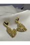 Double Heart Figured Baguette Stone Dangle Steel Earrings - Golden Baguette Heart Drop - 2