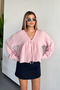 Women's V-Neck Tie Detail 100% Cotton Blouse Pink - 26Y 1003 - 4