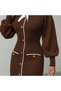 Women's Brown Stylish Bow Detailed Balloon Sleeve Knitwear Dress (Size S/M) - 6