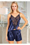 Women's Navy Blue Satin Shorts Pajama Set with Wide Chest Lace Panel Home Wear - 2