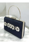 Navy Blue Luxury Suede Crystal Stone Metal Handle Chain Women's Evening Dress Bag Wedding Engagement Graduation - 2