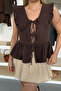 Women's Tie Detail 100% Cotton Blouse Brown - 26Y 1041 - 2