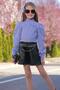 Girl's Blue Shirt with Vertical Stripes and Button Detail on the Back, Leather Shorts Set - 2
