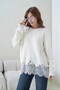 Women's Crew Neck Low Sleeve Hem Lace Trim Knitwear Sweater 8706 - 5