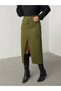 Khaki Skirt with Cut-Out Front Slit Linen Skirt - 5
