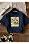 Women's Zebra Patterned New York Graphic Printed Navy Blue T-Shirt