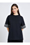 Women Black Embroidered Sleeve Oversized T-Shirt - 3