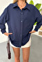 Women's Long Sleeve Single Pocket Loose Shirt Navy Blue - 26Y 2131 - 2