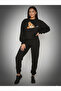 Women's Zippered Cute Bear Printed Crew Neck Gray/Black Tracksuit Set