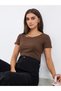Women Brown Ribbed Knit Short Sleeve Top