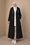 Women's Pocketed Elastic Sleeve Hooded Long Denim Jacket - Black