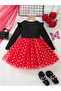 Girls Bow Detail Polka Dots Printed Mesh Hem Dress - 2