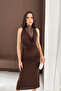 Women's Brown Draped Lace Detailed Long Zero-Sleeve Dress - 2