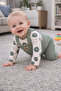 Men's Teddy Bear Patterned Waffle Fabric Printed Long Sleeve Green Baby Romper Set - 3