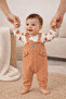 Men's Teddy Bear Patterned Waffle Fabric Printed Long Sleeve Brown Baby Romper Set - 3