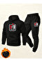Printed Hooded Men's Tracksuit Set with Two Strings Fleece-Lined
