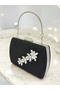 Black Luxury Suede Crystal Stone Metal Handle Chain Women's Evening Dress Bag - 2
