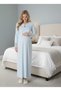New Season Blue Full Length Lace Detailed Buttoned Special Design 100% Cotton Maternity Nightgown - 6