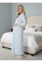 New Season Blue Full Length Lace Detailed Buttoned Special Design 100% Cotton Maternity Nightgown - 3