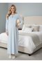 New Season Blue Full Length Lace Detailed Buttoned Special Design 100% Cotton Maternity Nightgown - 8