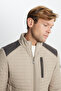 Men's Beige Standard Fit Regular Cut Quilted Patterned Mock Neck Zipper Side Pocket Puffer Coat - 8
