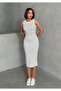 Women's Ecru Striped Sleeveless Stretchy Dress - 2