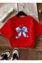 Women's Large Red T-Shirt with Blue Ribbon Detail