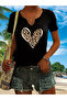 Women's Leopard Heart Printed Half V-Neck Sleeves Regular Fit Casual T-Shirt