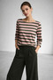 Women's Green Striped Boat Neck Above Ankle Long Sleeve Blouse - 4