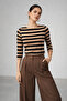 Women's Brown Striped Boat Neck Above Ankle Long Sleeve Blouse - 6