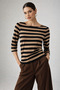 Women's Brown Striped Boat Neck Above Ankle Long Sleeve Blouse - 5
