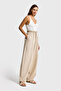Women's Beige Color S6-57 Relaxed Fit Linen Fabric Pants with Elastic Waist - 6