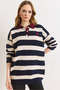 Women's Navy Blue Collar Detailed Heart Embroidered Polo Collar Knitwear Sweater Kzk-19001150
