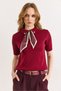 Women's Burgundy Scarf Detailed Polo Collar Short Sleeve Knitwear Sweater Kzk-19001142 - 2