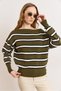 Women's Khaki Boat Neck Striped Knitwear Sweater Kzk-19001141 - 3