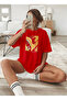 Women's Dandelion and Leaf Printed Crew Neck Red T-Shirt